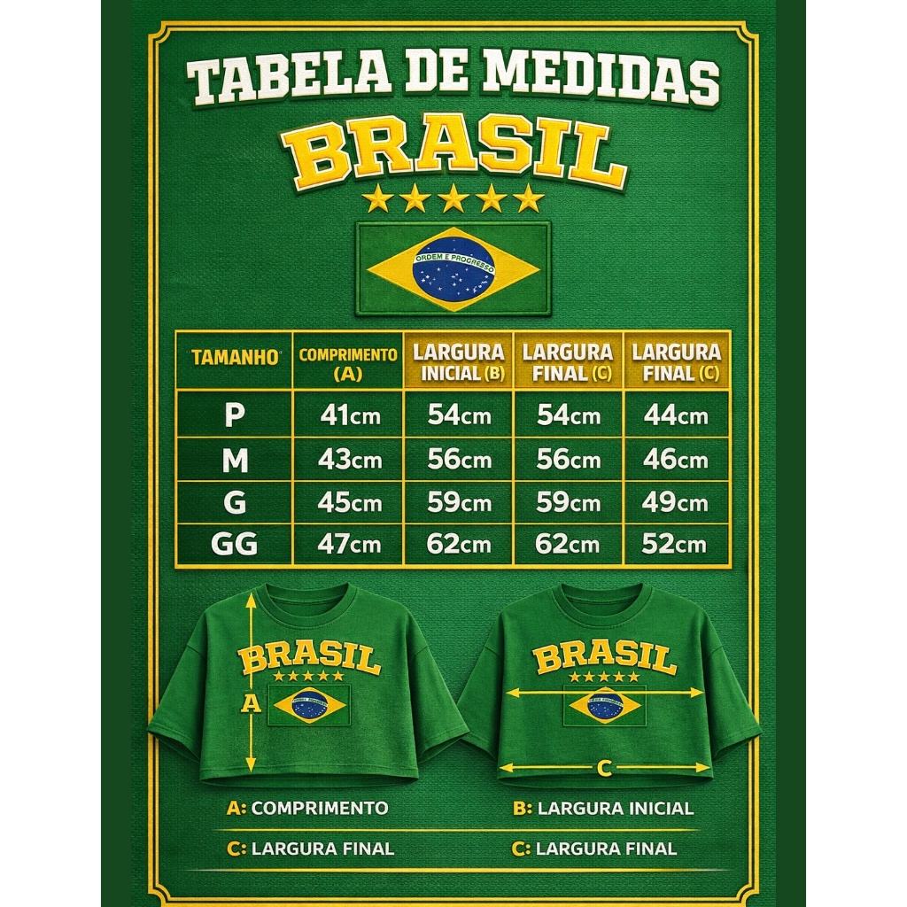 Cropped Oversized Brasil Feminino Algodão Estampa Bandeira Look Casual e Confortável