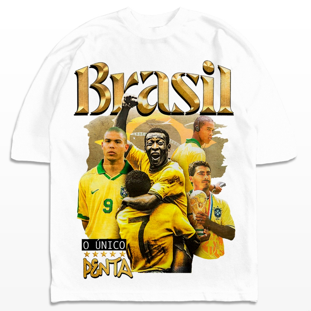 Camiseta Oversized Brasil o Único Penta Campeão Ronaldo Romário Ronaldinho Pelé Camisa Unissex (5 estrelas)
