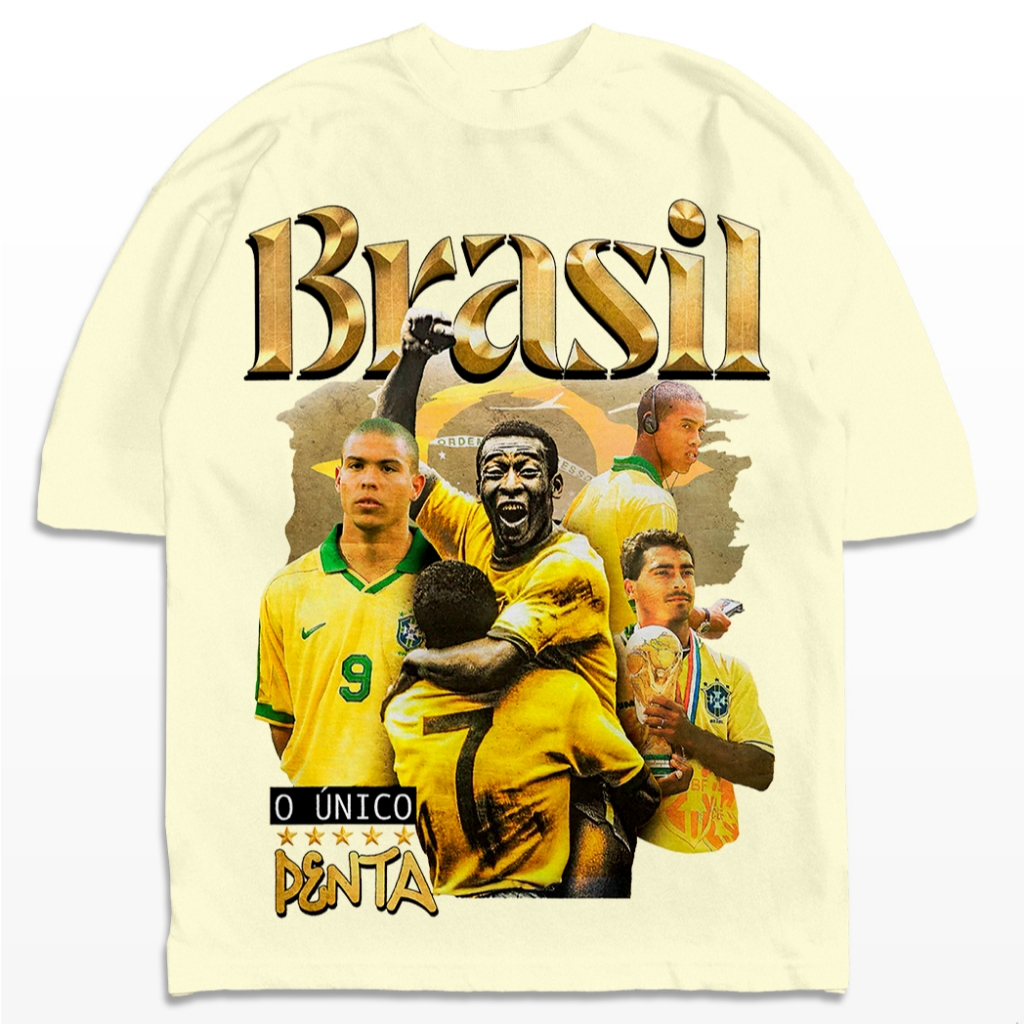 Camiseta Oversized Brasil o Único Penta Campeão Ronaldo Romário Ronaldinho Pelé Camisa Unissex (5 estrelas)