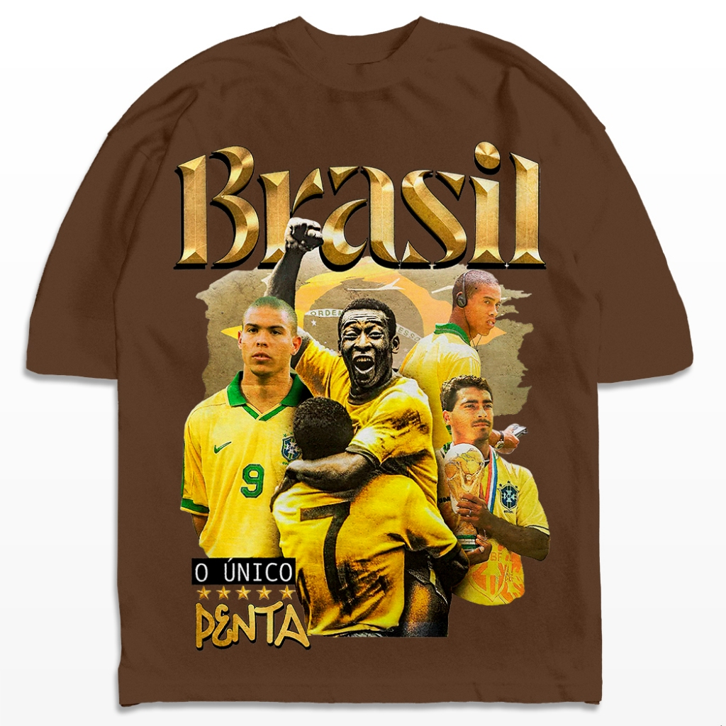 Camiseta Oversized Brasil o Único Penta Campeão Ronaldo Romário Ronaldinho Pelé Camisa Unissex (5 estrelas)