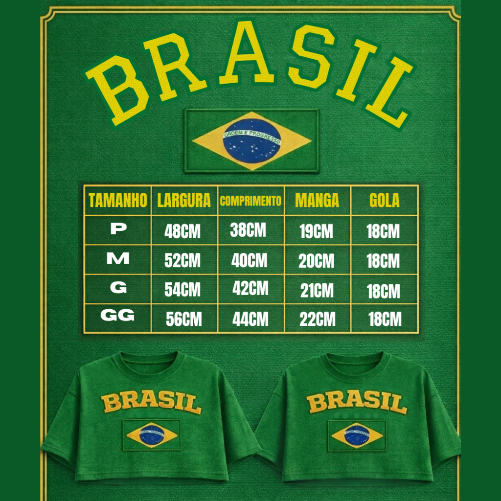Cropped Oversized Brasil Bandeira Feminino Copa do Mundo Estampa Bandeira 100% Algodão ENVIO IMEDIATO