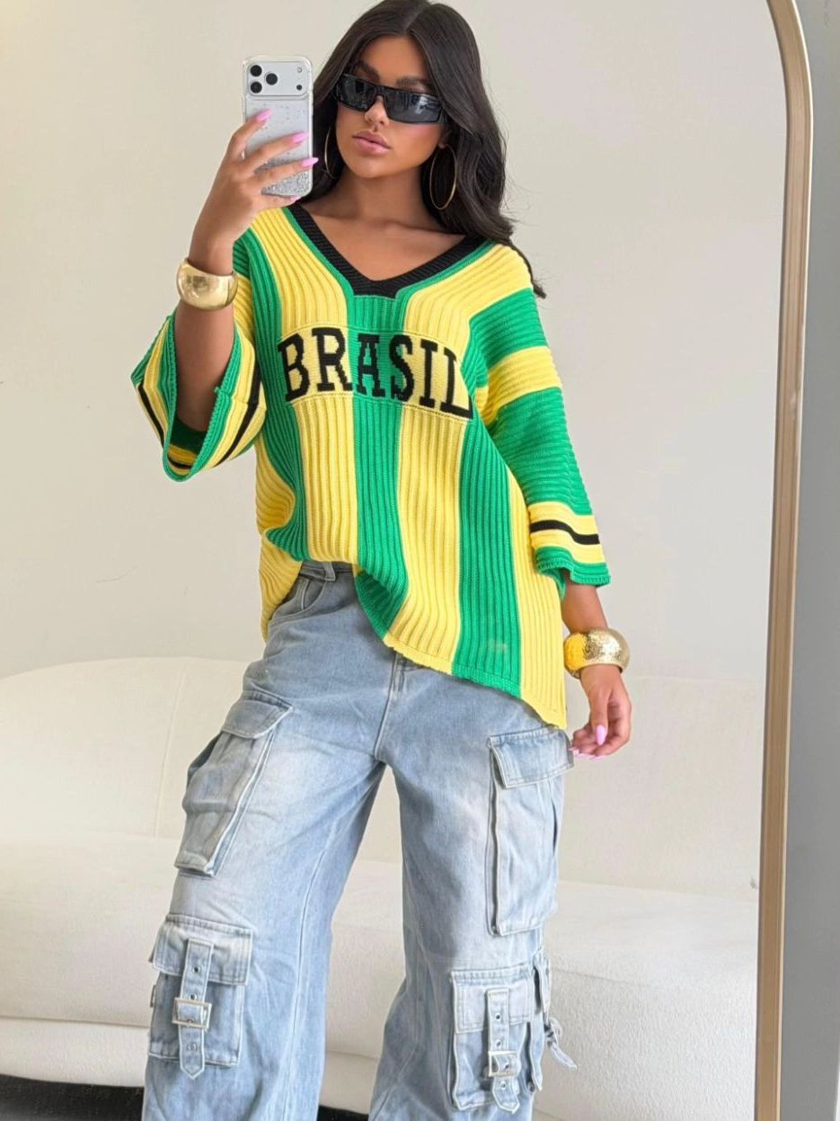 Blusa Feminina Brasil Tricot Oversized Moda Copa Estilo Streetwear T-shirt