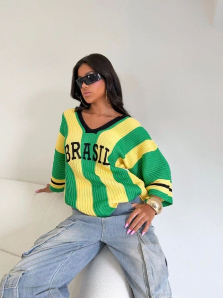Blusa Feminina Brasil Tricot Oversized Moda Copa Estilo Streetwear T-shirt