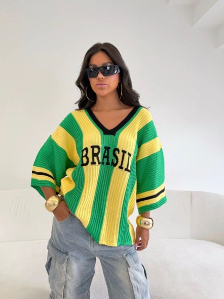 Blusa Feminina Brasil Tricot Oversized Moda Copa Estilo Streetwear T-shirt